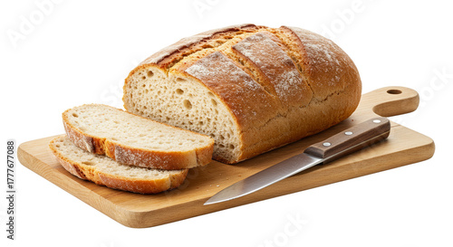 Homemade loaf of bread cut on a board with a knife beside it  isolated on a transparent background  