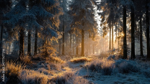 frosty forest with golden morning light,