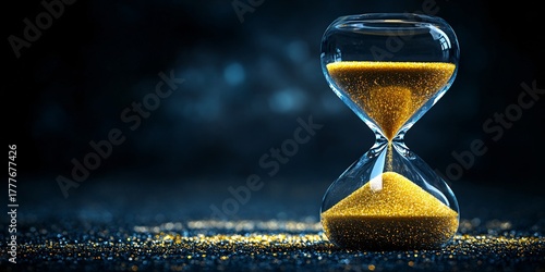 measuring time with gold glitter in hourglass on dark background