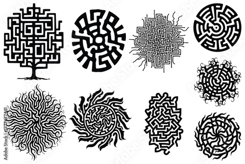 Collection of eight black abstract maze and organic designs