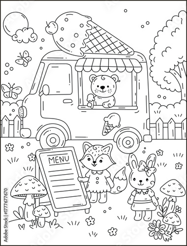 Cute Animals Ice Cream Truck Coloring Page
