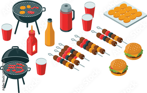 isometric summer barbecue party illustration, outdoor grilling food concept, burgers skewers sausages grill drinks snacks, picnic cooking celebration vector design
