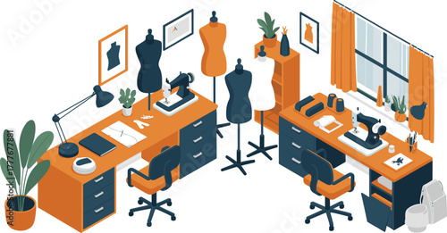 Isometric illustration of modern fashion design studio interior with sewing machine, dress mannequins, cutting table, workspace decor, creative garment design