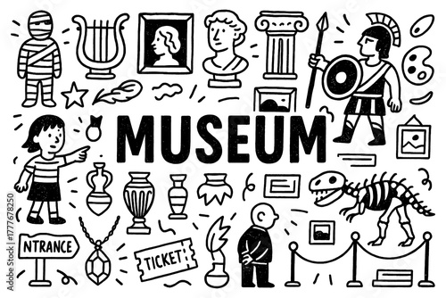 Museum doodle composition with statues, artifacts, paintings, and historical objects, Transparent Background