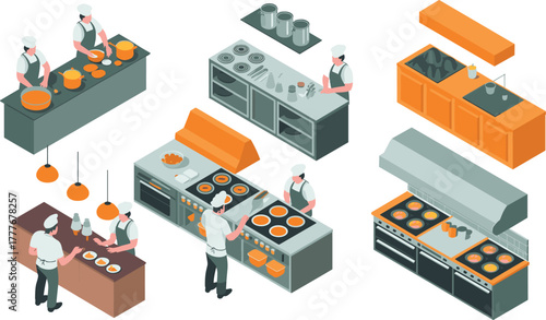 Professional chefs working in modern isometric kitchen interior preparing delicious meals, cooking on stoves, teamwork concept, restaurant kitchen illustration