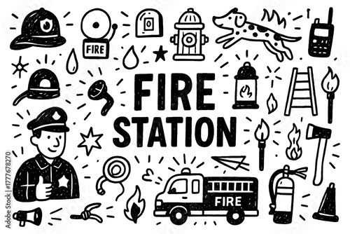 Fire station doodle composition with firefighters, fire truck, and emergency equipment, Transparent Background
