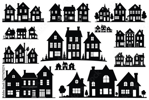 Collection of black house silhouettes with trees and fences