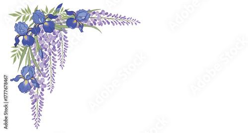 Elegant Floral Corner Design Blue Iris and Lavender Wisteria Arrangement for Decorative Elements