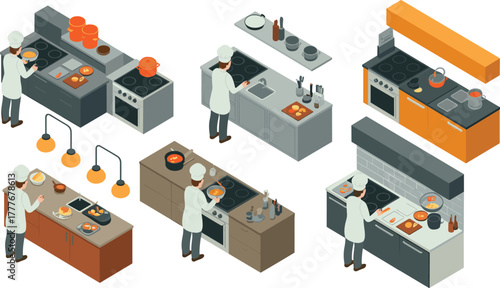 Professional chefs working in modern isometric kitchen interior preparing delicious meals, cooking on stoves, teamwork concept, restaurant kitchen illustration