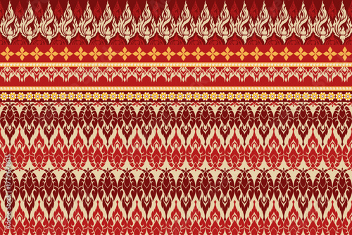 Traditional Thai pattern in red and gold tones, featuring elegant floral and flame motifs in a seamless ornamental design inspired by ancient Thai art.