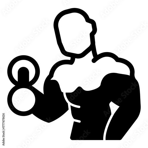 Muscular man with dumbbell solid icon, body building concept. Vector graphics. Athlete with body muscles, training sign on white background, style icon mobile or web design.