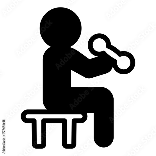 Man with small dumbbell and chair solid icon, body building concept. Vector graphics. Athlete man on bench, training sign on white background, style icon mobile or web design.