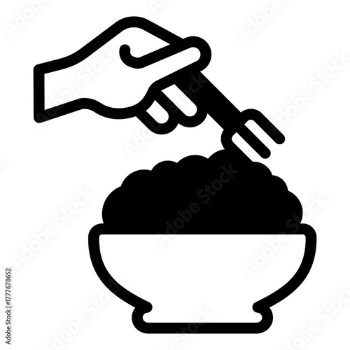 Plate of porridge and hand with fork solid icon, diet food concept. Vector graphics. Porridge dish for body mass sign on white background, style icon mobile or web design.