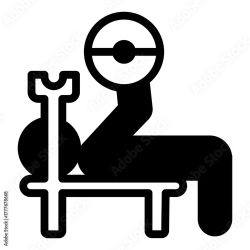 Man on barbell bench solid icon, body building concept. Vector graphics. Athlete man at barbell exercise, sport training sign on white background, style icon mobile or web design.