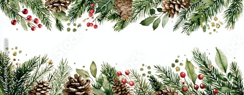 Christmas Border with Pine Cones, Holly Berries, and Evergreen Foliage
