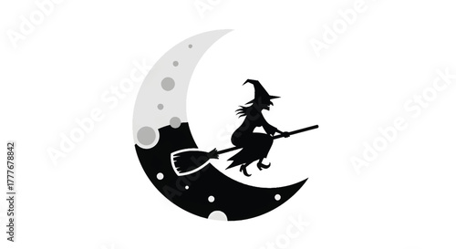 A black silhouette witch rides a broom across a curved moon,dotted with gray spots and starry skies