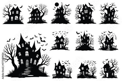 Silhouette haunted houses and bats on white background