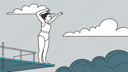 A woman stands poised on a diving board, ready to leap into the water under a cloudy sky