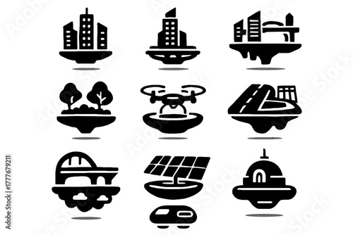 Floating platforms icons roads cloudwalks gardens observation city panels icon hover bridges