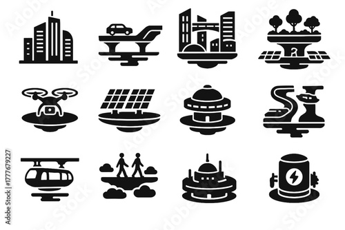 Vector icon towers water icons hover solar panels cloudwalks decks skyline drone