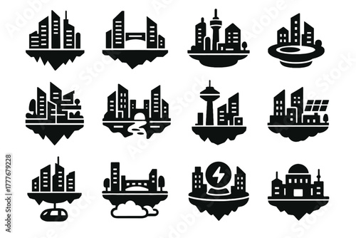 Green icon energy levitating floating transport city hub vector towers water icons