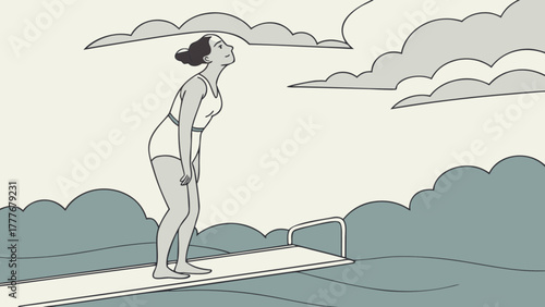 A woman is standing on a diving board, preparing to jump into the water, with clouds in the sky above her, in a vintage illustration style