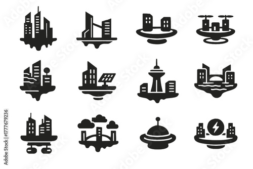 Floating transport bridges energy center control icon towers solar icons vector hub