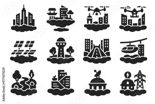Water docks futuristic sky vector energy icon panels city bridges control green