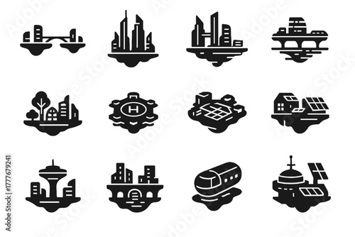 Icons transport decks pods drone futuristic pads panels water gardens vector icon