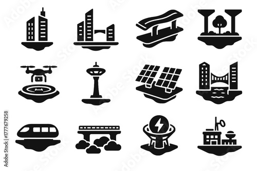 Urban landing energy station floating skyscraper roads control gardens pads icon vector