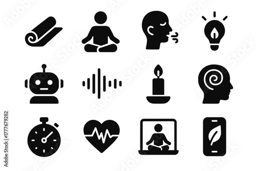 Lotus set pose timer exercise light relaxation icon mind meditation avatar vector