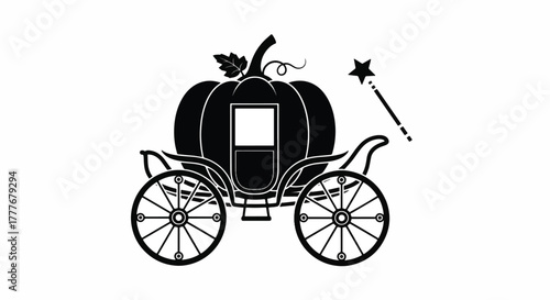 Stylized pumpkin carriage with twin wheels, leafy stem, central door, and a magic wand nearby light