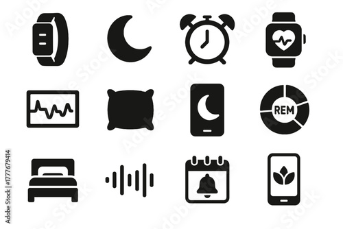 Sleep reminder icons alarm clock bed vector sound monitor tracker heart rem
