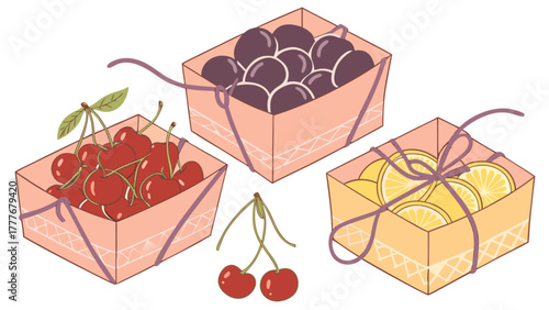 Illustration featuring cherries, plums, and lemons in charming gift boxes, perfect for a fruity treat or a delightful present