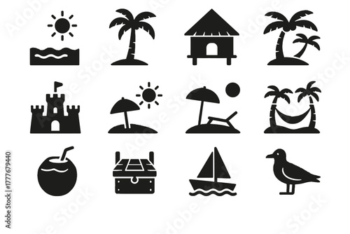 Beach coconut tree sun vector chest icons icon tropical getaway hut waves