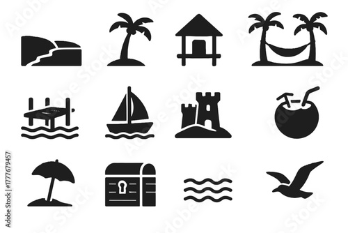 Tree icons sandcastle hut icon seagull vector coconut resort beach treasure sailboat