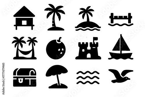 Beach treasure vector coconut icon private palm hammock waves umbrella island hut