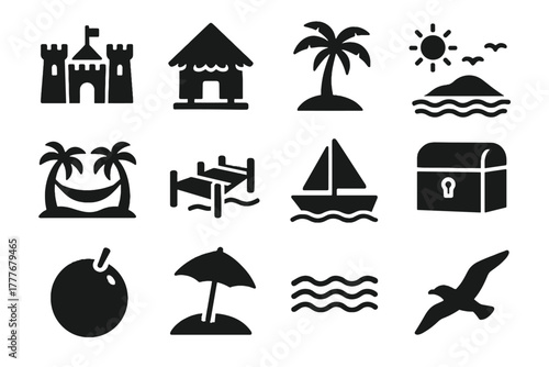 Vector icons island chest coconut sandcastle umbrella sun desert seagull beach icon