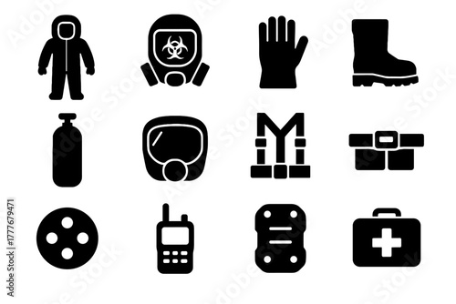 Utility icons harness tank vector helmet bio protective sensors icon suit belt