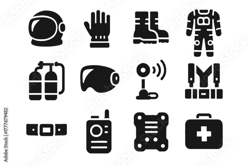 Icons suit communication icon gloves backplate space emergency belt kit helmet vector