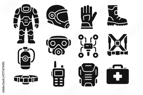 Tank harness communication oxygen vector gear icon emergency futuristic protective belt device