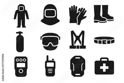 Helmet hazard icons vector suit protective harness oxygen emergency icon backplate visor