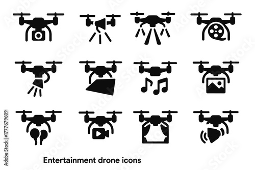 Icons drone photo notes entertainment film vector event sound spotlight lights icon