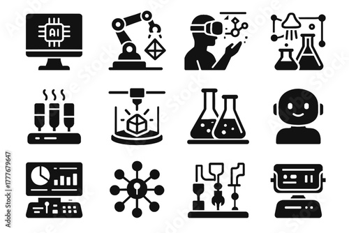 Icon panel array ai interface lab sensor icons holographic control vector flasks