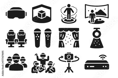 Interactive vector icon actor goggles headset curtain stage seats virtual reality vr