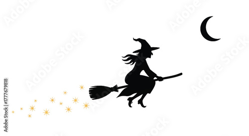 Witch silhouette on a broom sweeps the night sky; crescent moon to the right; golden stars trailing