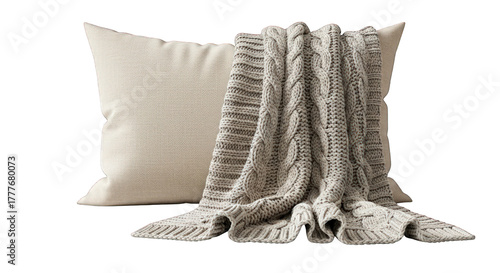 Cozy pillow and knitted blanket isolated on a transparent background