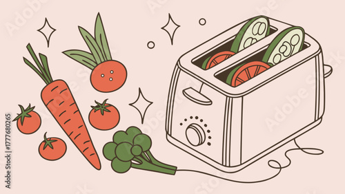 Toaster with vegetables, a fun and quirky illustration of a toaster with healthy vegetables, perfect for food and healthy eating concepts