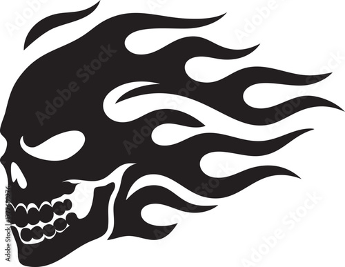 Aggressive Flaming Skull Profile Vector - Monochrome Black Silhouette with Fire and Speed Trails for Biker, Rock, and Gaming Logo