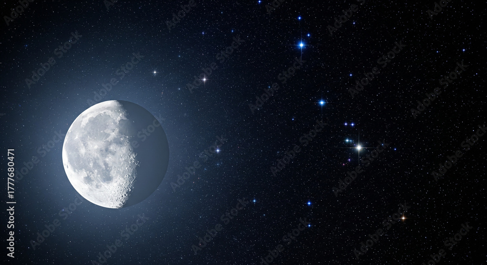 Fototapeta premium First Quarter Moon Shining Bright Beside Orion's Belt and Stars A dramatic and high-quality digital illustration or photograph combining two iconic celestial objects: the First Quarter Moon